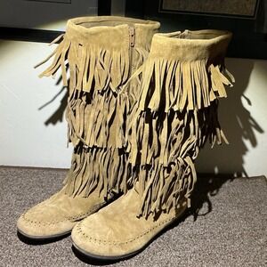 Bjorndal Indigo 3 Layer Fringe Moccasin Style Boot Zipper Side Brown Suede 9